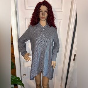 Anne Klein Button Front Blouse Tunic Top Gingham Navy Blue